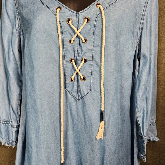 MICHAEL STARS Dress Womens Small S Blue Chambray Fringe Boho Western Festival - Picture 7 of 10
